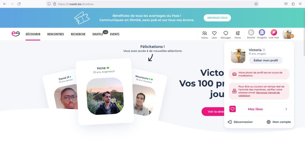 mon interface sur le portail de rencontres belge Meetic