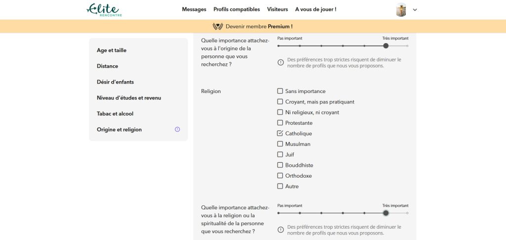 mes recherches sur le site de rencontres pour catholiques Élite Rencontre