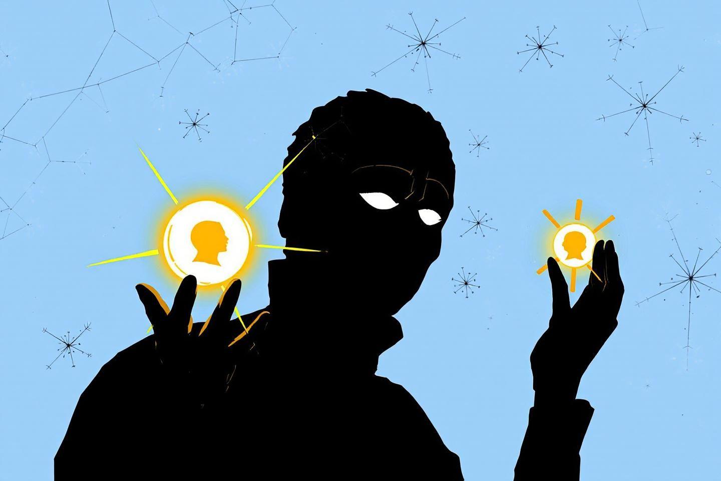 Silhouette noire manipulant des icônes de profil lumineux