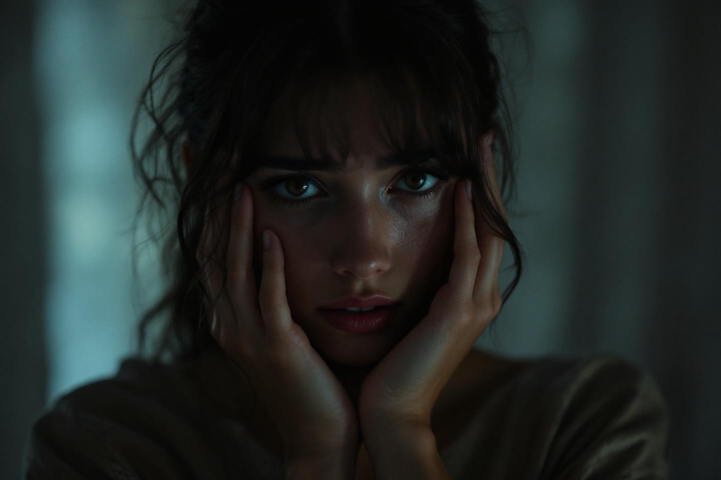 Portrait sombre d'une personne les mains sur le visage, regard anxieux